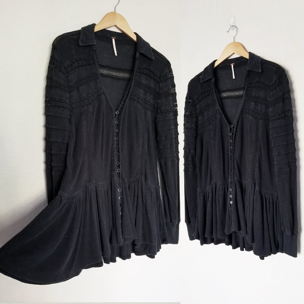 Free People Set To Stun Lace-Inset Low V Neck Collar Tunic Top Black XS $108 - Picture 14 of 16